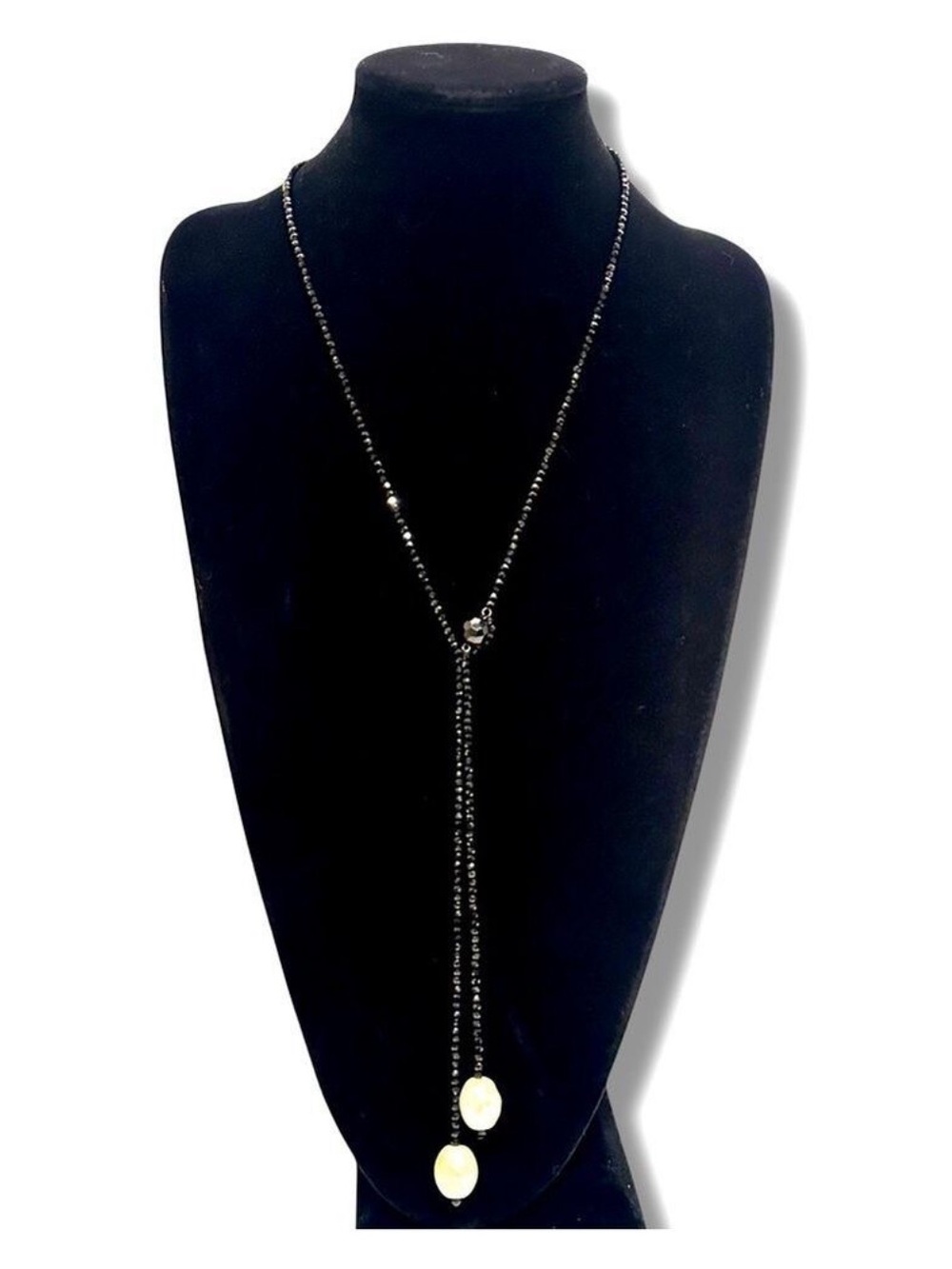 CHICO’s Eloise Black Beaded Delicate Lariat Necklace | 2 Large Pearl Drops | NWT